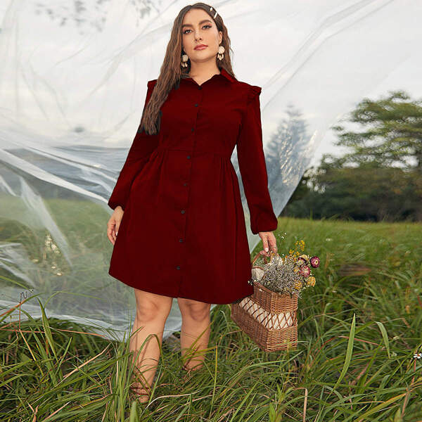 Plus Ruffle Trim Shirt Dress, Maroon