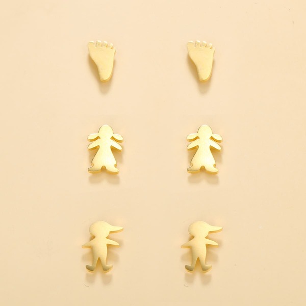 3pairs Girls Figure Design Stud Earrings, Gold