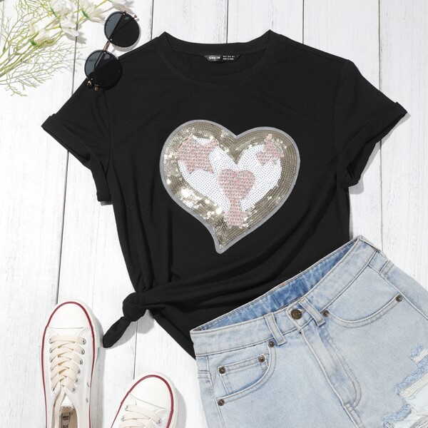 Heart Sequin Patch Tee, Black