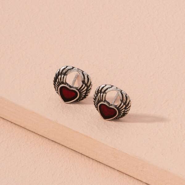 Heart & Wings Design Stud Earrings, Antique silver