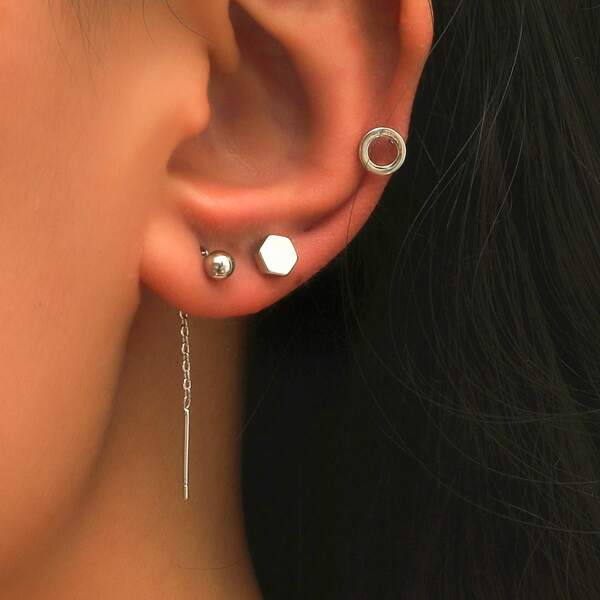 3pcs Geometric Design Earring, Silver