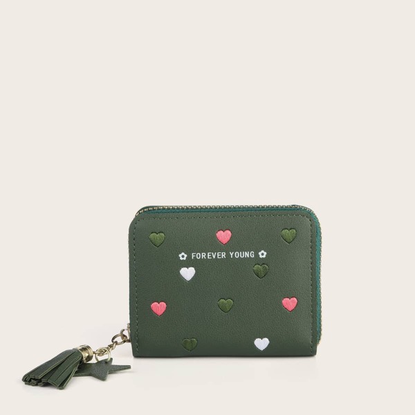Tassel Decor Heart Embroidered Wallet, Green