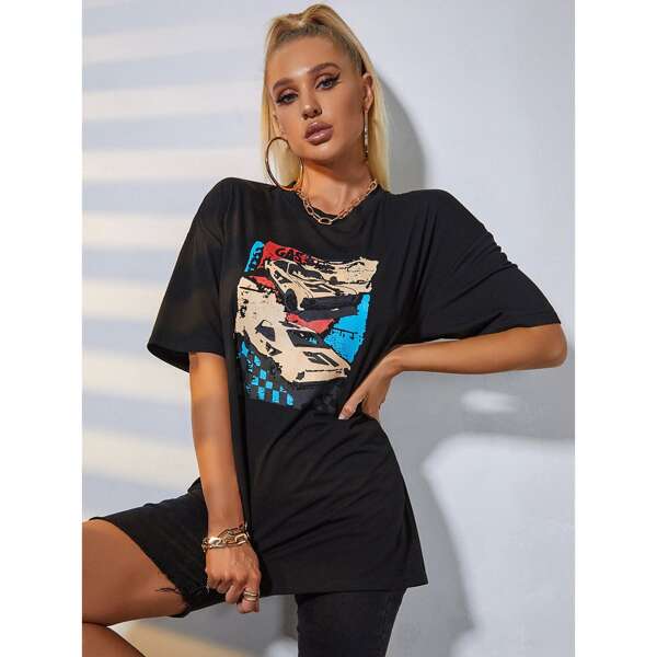 Car & Letter Graphic Oversized Tee, Black