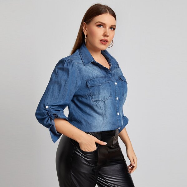 Plus Flap Pocket Button Up Denim Top, Medium wash