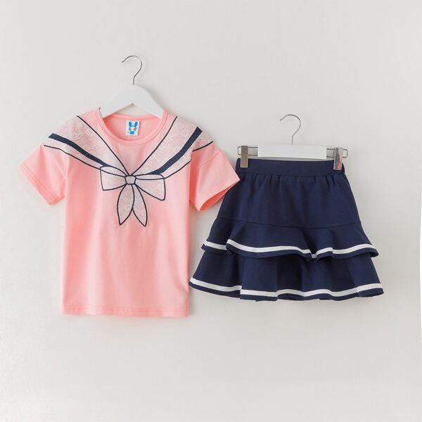 Toddler Girls Bow Print Tee With Layered Skirt, Multicolor