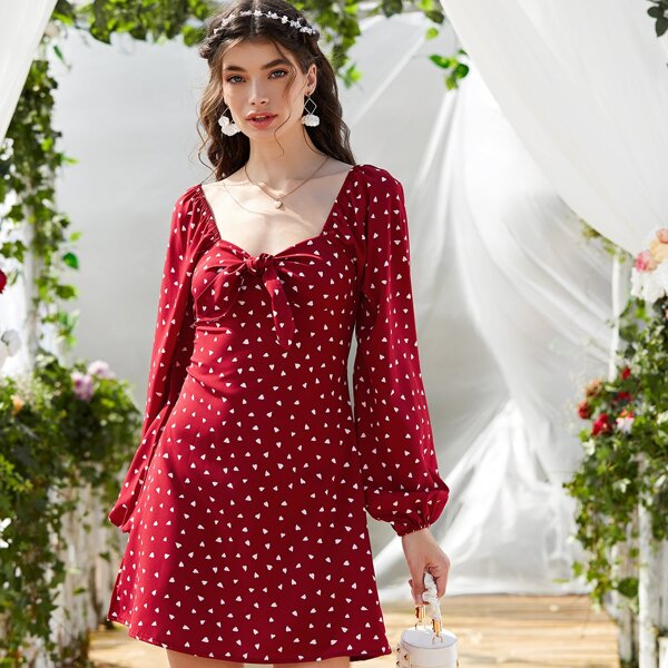 Heart Print Tie Front Fitted Dress, Burgundy
