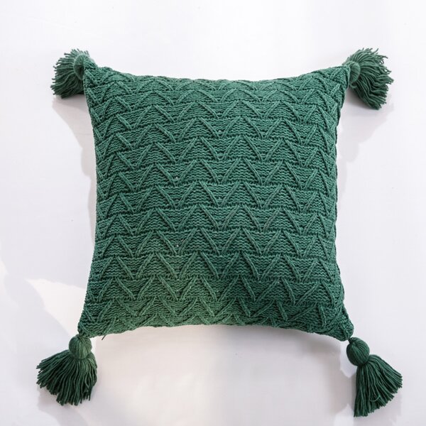 Tassel Decor Knitted Cushion Cover Without Filler, Green
