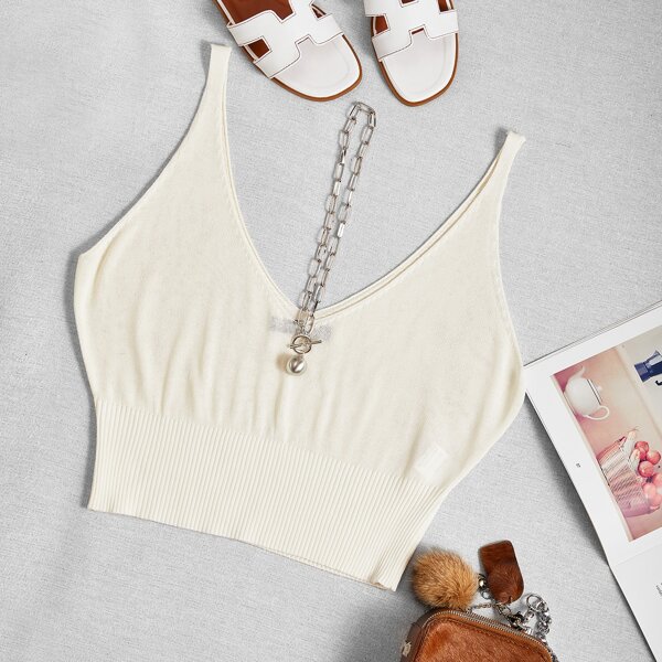 Solid Crop Knit Top, Beige