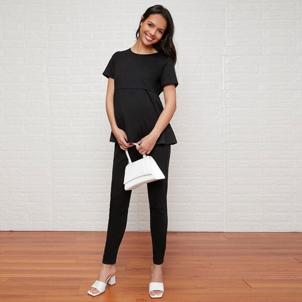 Maternity Peplum Top & Pants Set, Black
