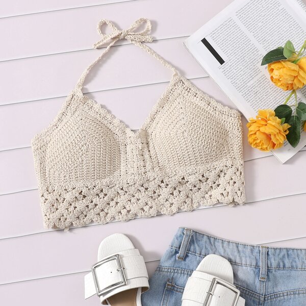 Tie Back Crochet Crop Cover Up, Beige