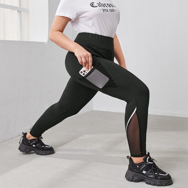 Plus Sheer Mesh Insert Leggings With Phone Pocket, Black