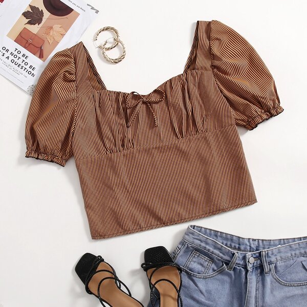 Plus Bow Front Striped Milkmaid Blouse, Brown