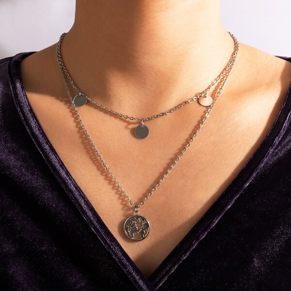 Map Charm Layered Necklace, Silver