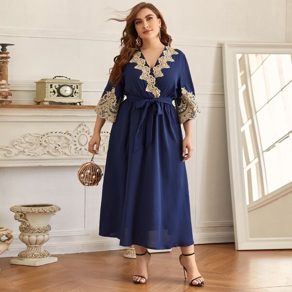 Plus Contrast Lace Self Tie Wrap A-line Dress, Navy blue