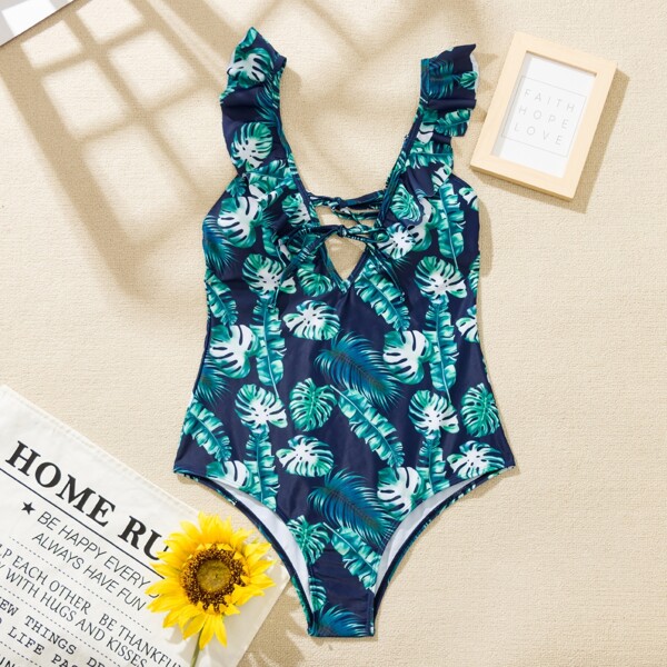 Tropical Ruffle Trim One Piece Swimsuit, Multicolor