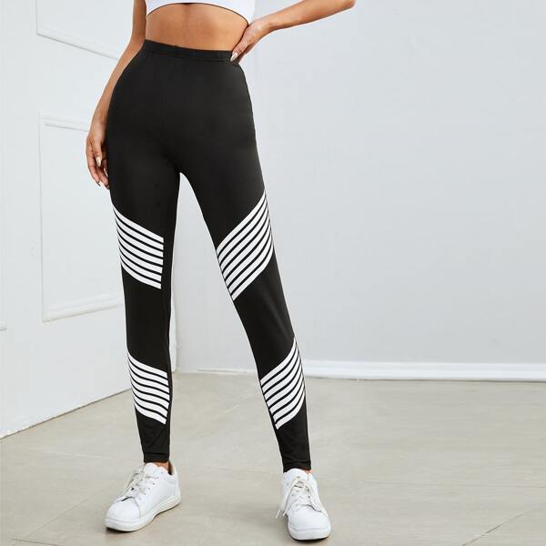 Striped High Waist Leggings, Black