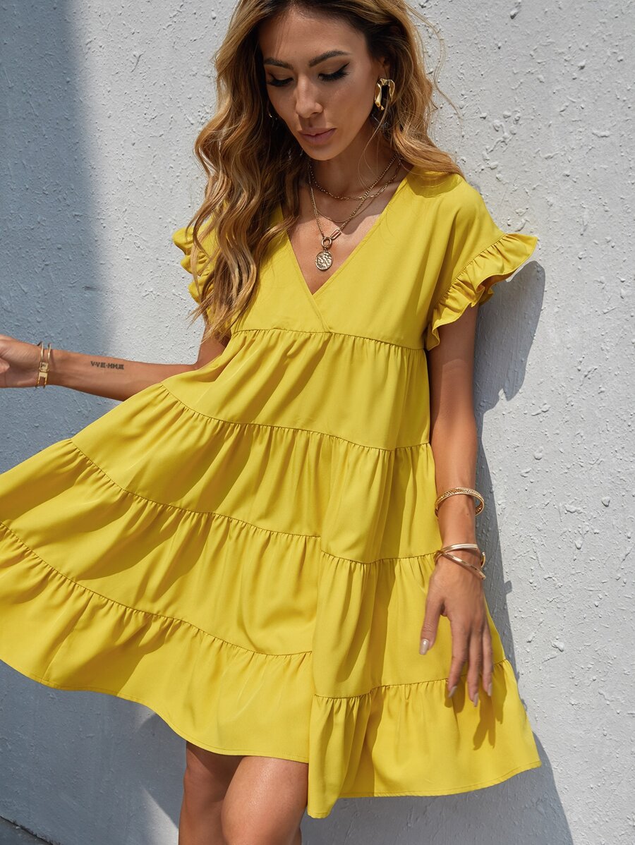 Vestido smock bajo con volante ribete con fruncido