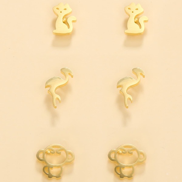 3pairs Animal Design Stud Earrings, Gold