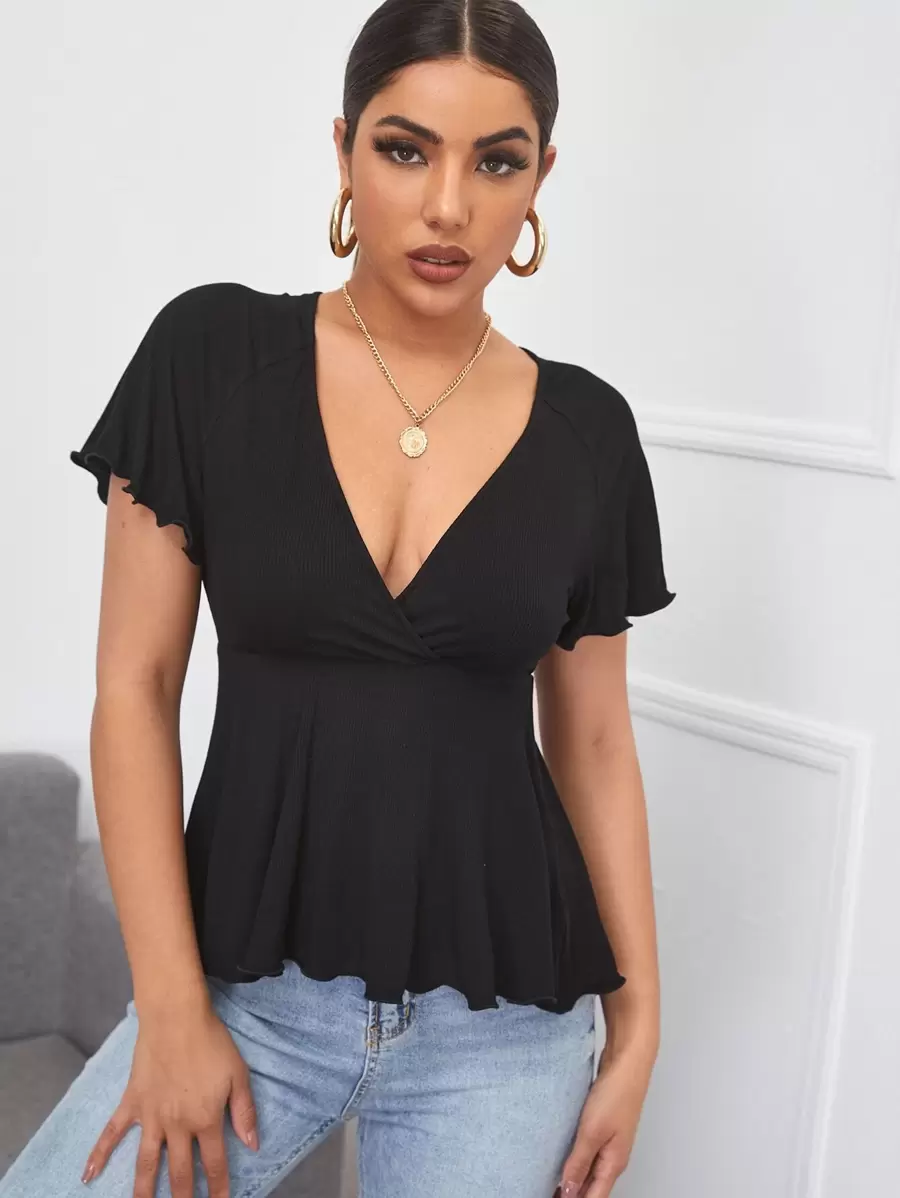 Firerie Plunging Neck Rib-knit Peplum Top