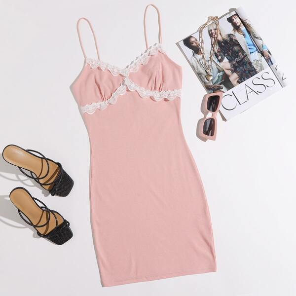 Lace Trim Bodycon Dress, Baby pink