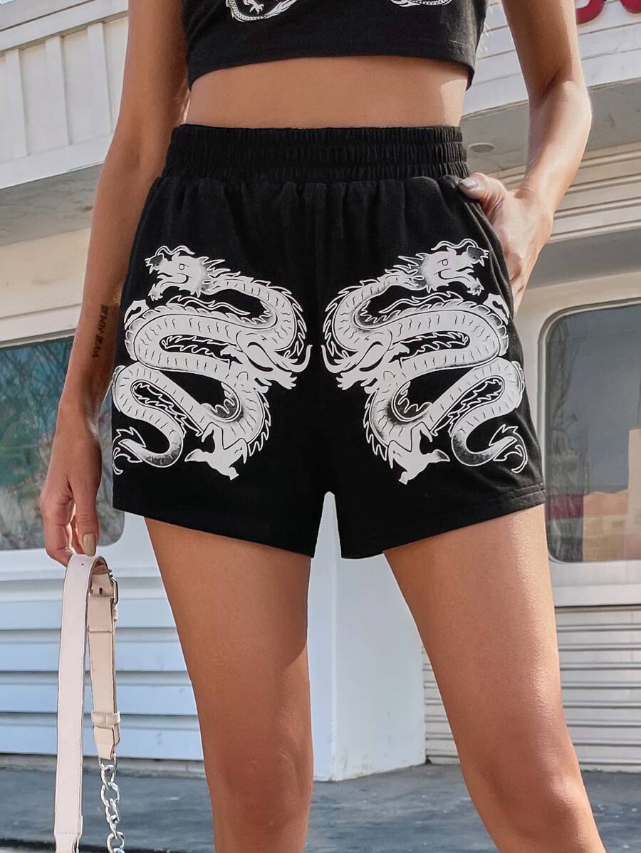 Chinese Dragon Print Slant Pocket Track Shorts