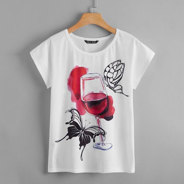 Butterfly & Graphic Print Tee, White