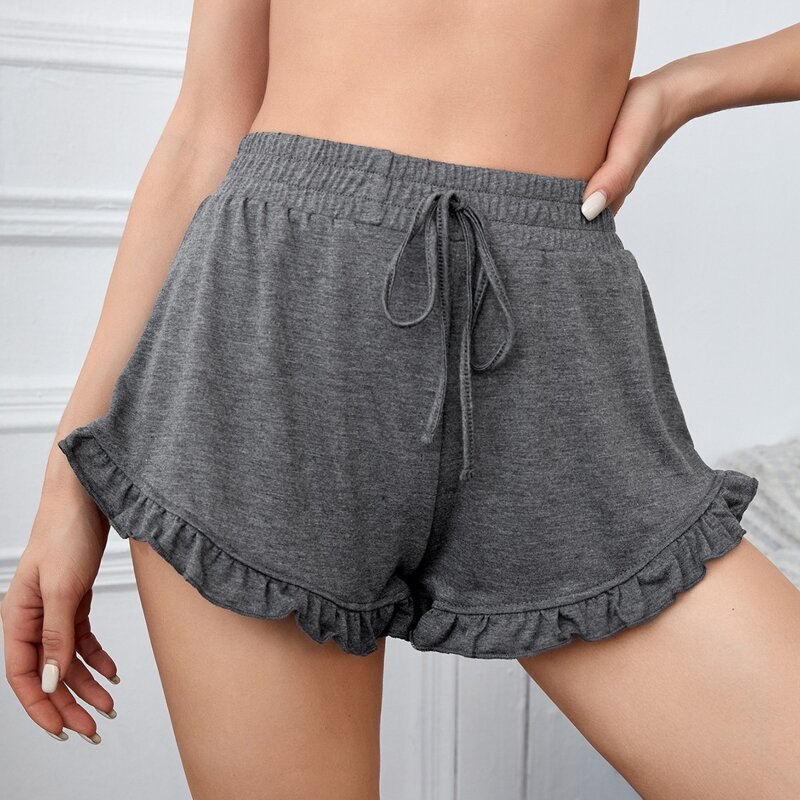 Solid Ruffle Hem Track Shorts, Grey 
Solid Ruffle Hem Track Shorts, Grey