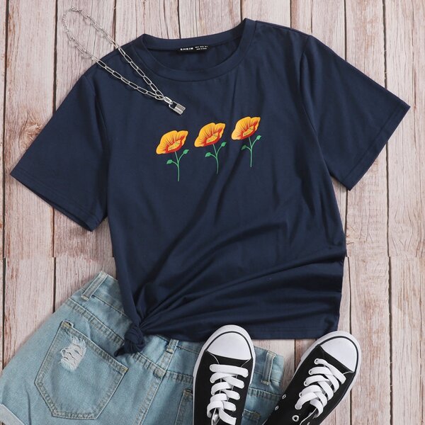 Floral Print Tee, Navy blue
