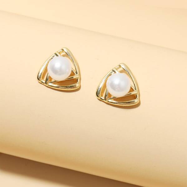 Girls Faux Pearl Decor Stud Earrings, Gold
