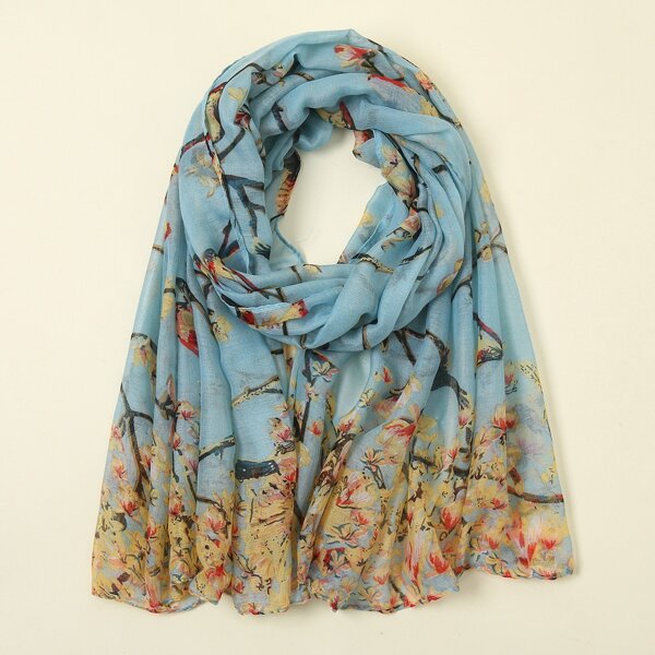 Flower & Bird Print Scarf, Blue