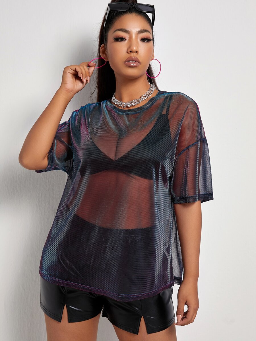 Plus Drop Shoulder Sheer Mesh Top
