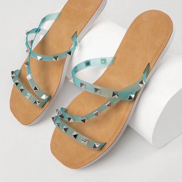Studded Vegan Leather Square Toe Sandals, Green clear
Studded Vegan Leather Square Toe Sandals, Green clear