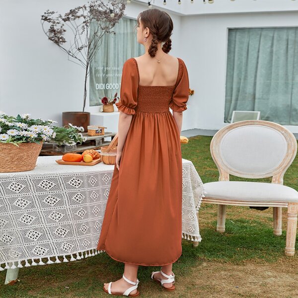 Оборка Одноцветный Элегантный Платье, Ржавый коричневый 
Оборка Одноцветный Элегантный Платье, Ржавый коричневый