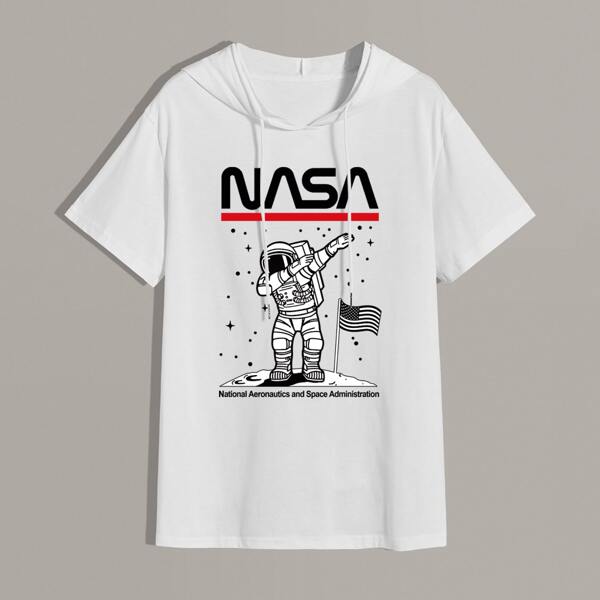 Men Letter Graphic Drawstring Hooded Tee, White