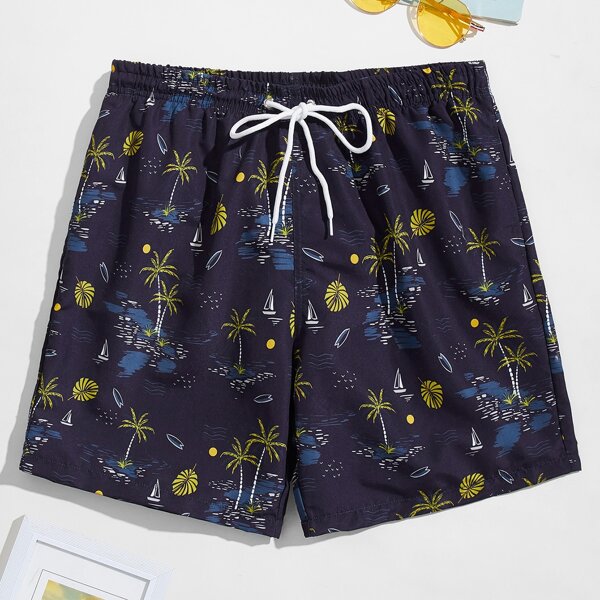 Men Tropical Print Swim Trunks, Navy blue