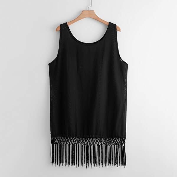 Plus Mesh Fringe Hem Cover Up, Black
