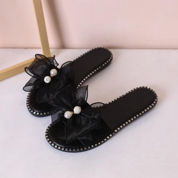 Bow Decor Slide Sandals, Black