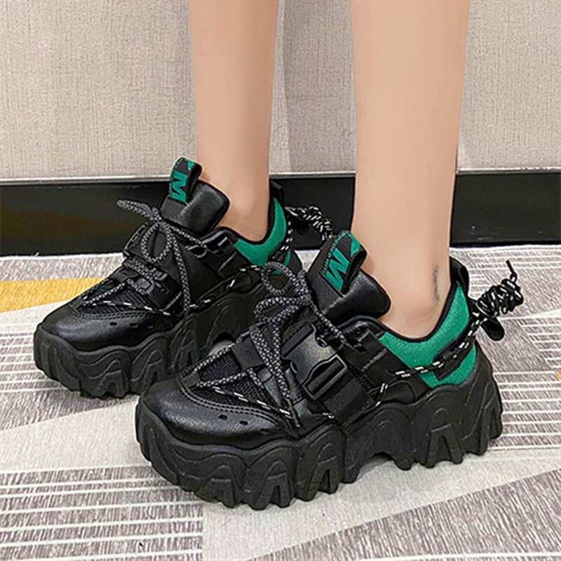 Drawstring Back Lace-up Chunky Sneakers, Black 
Drawstring Back Lace-up Chunky Sneakers, Black