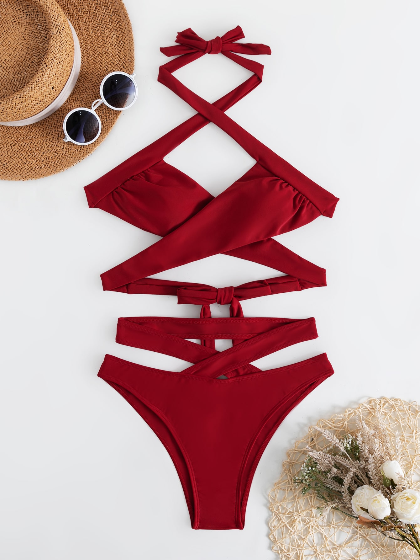 Crisscross Wrap Halter Bikini Swimsuit