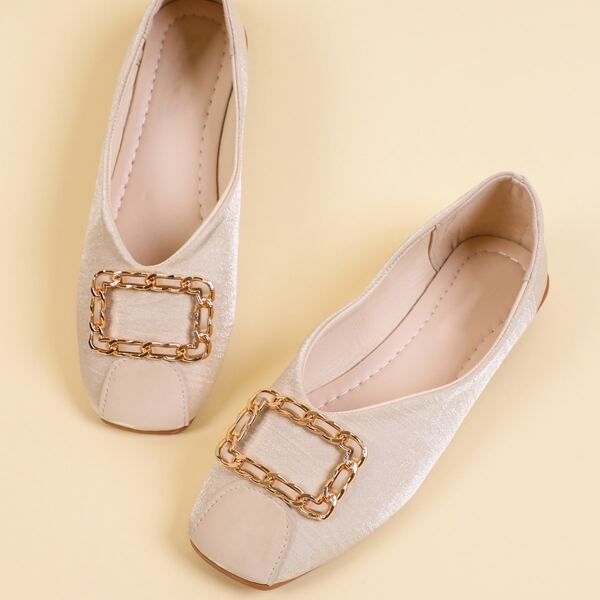 Chain Decor Square Toe Ballet Flats, Beige