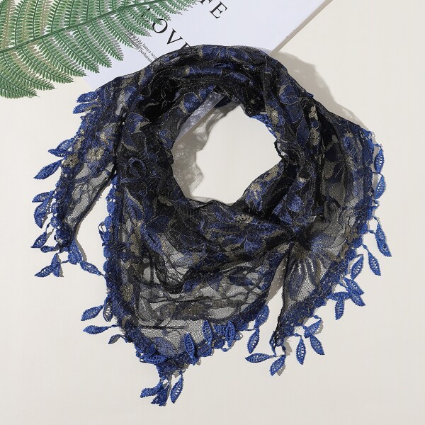 Leaf Tassel Decor Flower Print Scarf, Blue