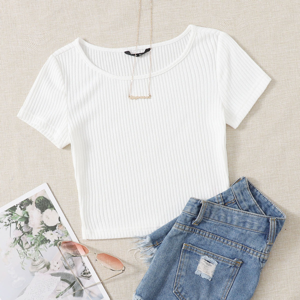 Solid Rib-knit Tee, White