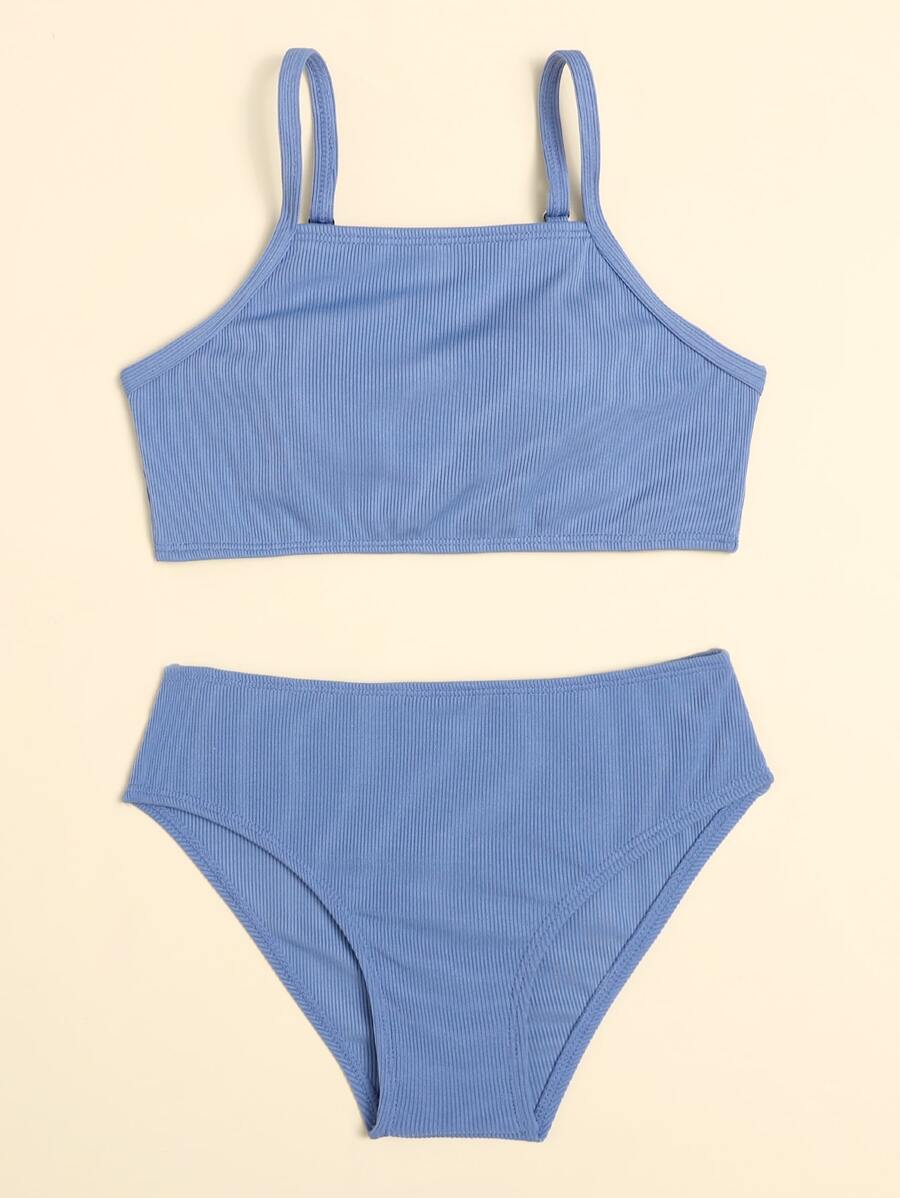 Conjunto de bikini acanalado liso para niña preadolescente playa de verano Moda de Mujer
