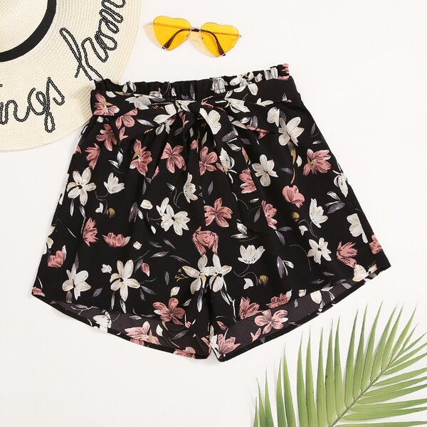 Floral Belted Wide Leg Shorts, Black