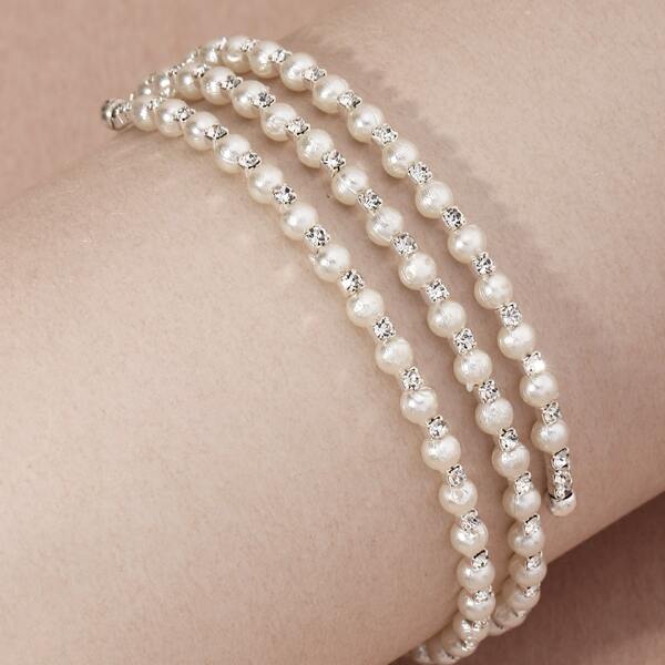 Rhinestone & Faux Pearl Decor Bracelet, Silver