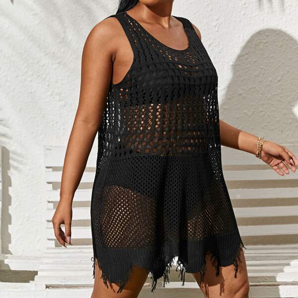 Plus Scallop Hem Crochet Cover Up, Black
