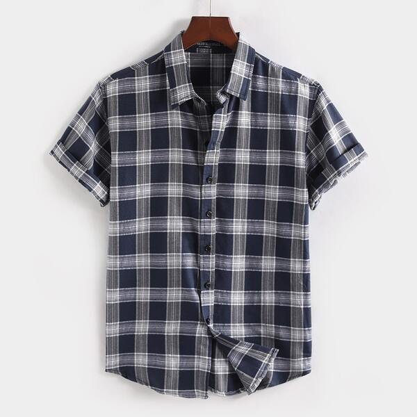 Men Plaid Button Up Shirt, Navy blue