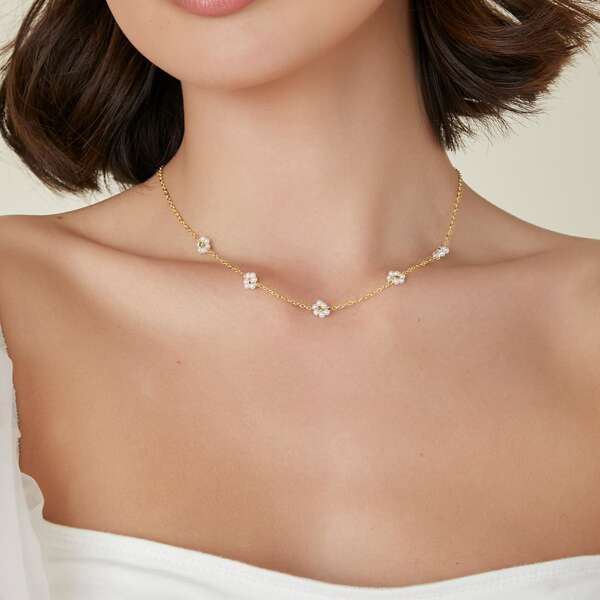 Beaded Daisy Charm Chain Necklace, White