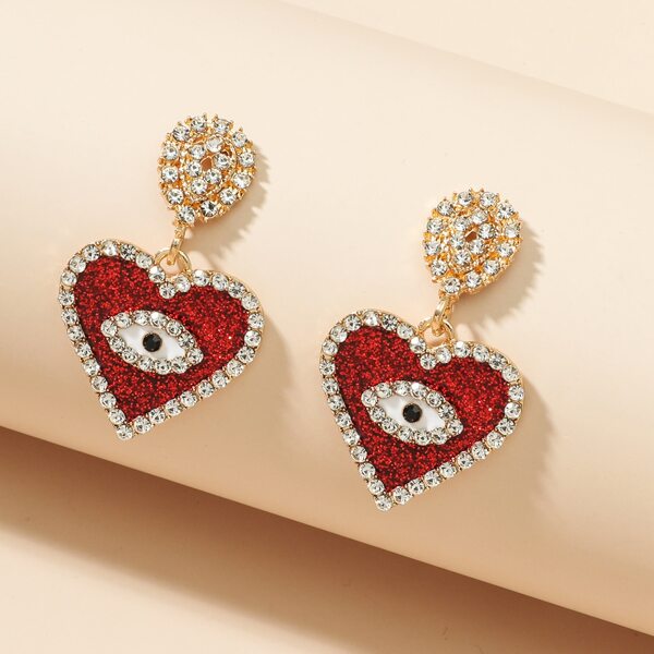 Rhinestone Heart Drop Earrings, Red