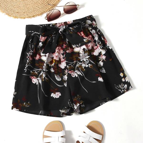 Floral Print Self Tie Shorts, Black